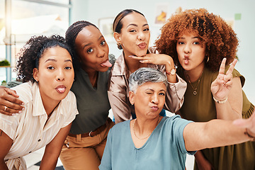 Image showing Work, funny and portrait of women with a selfie for bonding, office fun and comic expression. Corporate, diversity and female employees taking a photo with a manager for collaboration or workforce