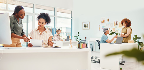 Image showing Fashion design, teamwork or women with documents for ideas of clothes, plan or draft in small business. Paperwork, notes or happy people speaking to designer for sharing info or advice in art project