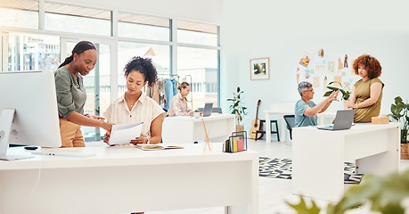 Image showing Fashion design, teamwork or women with notes for ideas of clothes, plan or draft in small business. Paperwork, internship or people speaking to designer for sharing info or advice in art training