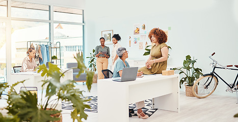 Image showing Coworking, teamwork or women talking for fashion design, planning or draft for small business clothing line. People, collaboration or designer speaking to mature mentor for advice in internship