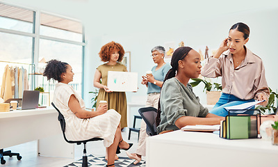 Image showing Fashion design, teamwork or people with notes for clothes, schedule plan or draft in small business. Paperwork, internship or woman speaking to designer for sharing ideas or advice in art training