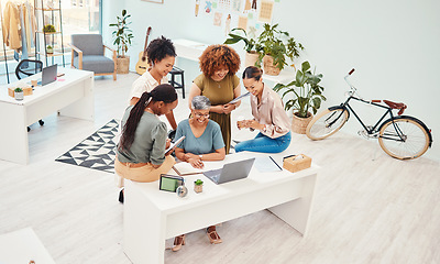 Image showing Top, teamwork or women with laptop for fashion design, planning or draft online for clothing line. Smile, mentor or mature designer speaking, training or talking to people for advice in internship