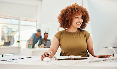 Image showing Computer, fashion and design with a business woman at work in her office for modern or artistic style. Smile, workshop and technology with a happy young designer working in a creative studio