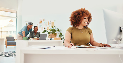 Image showing Computer, fashion and creative with a designer woman at work in her office for modern or artistic style. Smile, workshop and technology with a happy young .employee working in a design studio