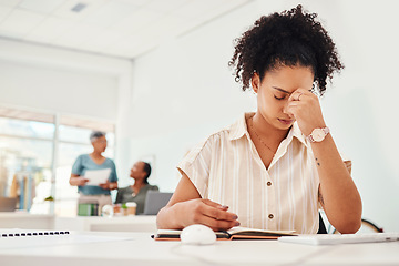 Image showing Stress, headache and a business woman writing in her notebook while working to a deadline in the office. Anxiety, depression and compliance with a young fashion designer planning an artistic project