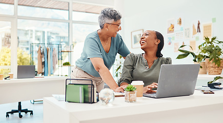 Image showing Laughing, teamwork or women with laptop for fashion design or planning online for clothing line. Smile, computer or happy designers speaking or talking to funny mature mentor for advice in internship