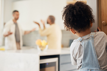 Image showing Lgbt, divorce and girl child watching gay parents argue in kitchen with stress, worry or fear in their home. Family, crisis and homosexual men dispute foster kid custody, affair or conflict in house