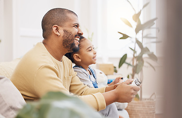 Image showing Controller, video game and father with girl on sofa for playing, bond and fun gaming at home together. Love, smile and happy parent with child in living room for esports, console or learning in house