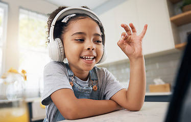 Image showing Home video call, tablet and child smile for online class communication, elearning and talking in kindergarten webinar. Remote education, happy and kid watch, listen and streaming music, film or movie