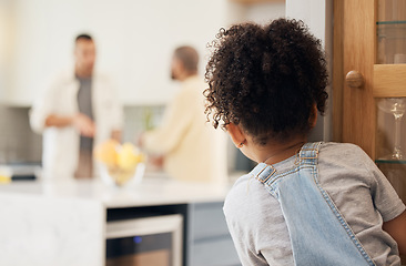 Image showing Divorce, gay couple and girl child watching parents argue in kitchen with stress, worry or fear at home. Family, crisis and homosexual men dispute foster kid custody, affair or conflict in house