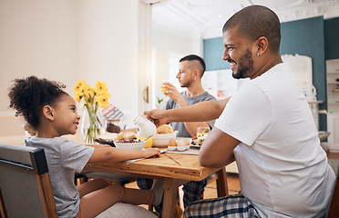 Image showing Gay couple, home breakfast and family child smile for morning food, wellness and parents pour milk. LGBTQ, adoption and homosexual dad happy for hungry kid, youth girl or daughter eating cereal