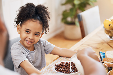 Image showing Kitchen, breakfast cereal and happy family child smile for morning food, meal and parent pour milk. Home, happiness and young kid, youth girl and ready for nutrition, hungry and eating in Brazil