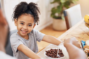 Image showing Portrait, breakfast cereal and happy family kid smile for morning food, wellness and parent pour milk liquid. Home dining room, happiness and young child, youth girl and hungry for meal