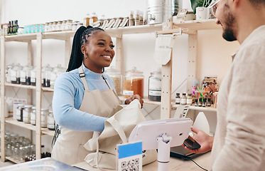 Image showing Sustainable shop, cashier and client with store purchase, woman and customer service with small business. Smile, entrepreneur and African person with retail employee and shopping with credit card