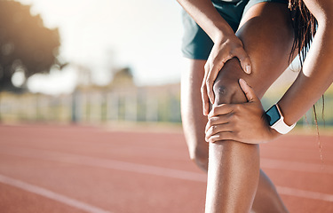 Image showing Person with knee pain, runner and injury with fitness outdoor, health and mockup space with inflammation. Running accident, legs with muscle tension and aching joint, medical and massage with sports