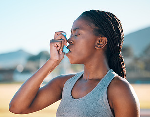 Image showing Health, black woman and asthma inhaler, fitness and medicine with wellness, lungs and runner outdoor. Sports, breathing and exercise with workout, help with oxygen and respiratory illness with pump