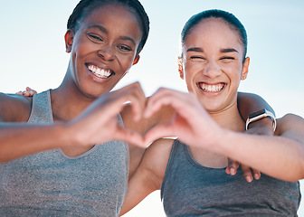 Image showing Friends, fitness and portrait, women with heart hands and emoji, wellness and health, support and love sign outdoor. Happiness, care and exercise, cardio and sports, healthy and workout together