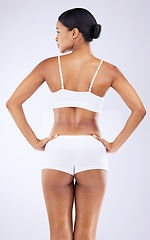 Image showing Epilation, underwear and back of woman in studio with wellness, health and weightloss routine. Beauty, body and full length of female model with cosmetic liposuction for self care by white background