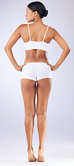 Image showing Beauty, underwear and back of woman in a studio with wellness, health and weightloss routine. Fitness, body and full length of female model with cosmetic liposuction for self care by white background