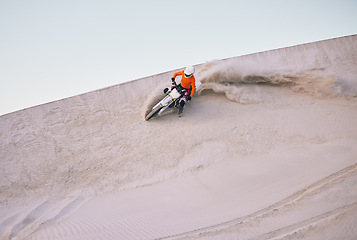 Image showing Bike, sand and mockup with a sports man riding a vehicle in the desert for adventure or adrenaline. Motorcycle, training and speed with an athlete on space in nature for power or active competition