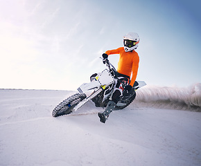 Image showing Bike, sand and speed with a man on mockup riding a vehicle in the desert for adventure or adrenaline. Motorcycle, training and freedom with an athlete on space in nature for power or extreme sports