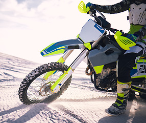 Image showing Sports, desert and person on motorbike in nature for training, workout and challenge on sand. Extreme transport, travel and closeup of cyclist with motorcycle for adventure, freedom and adrenaline