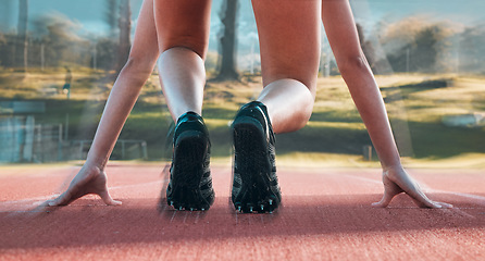 Image showing Start, running and sports with shoes of person on race track for fitness, speed and marathon training. Competition, health and workout with closeup of runner in stadium for energy and performance