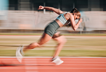 Image showing Action, race and athlete running sprint in competition for fitness game and training for energy wellness on a track. Sports, stadium and athletic person or runner exercise, speed and workout