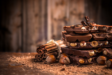 Image showing Still life of broken chocolate bar