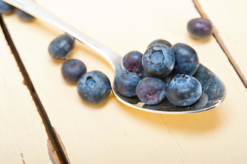 Image showing fresh blueberry on silver spoon