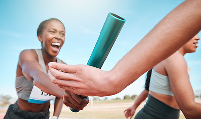 Image showing Woman, team and running with baton in relay, marathon or sports fitness on stadium track together. Group of athletes holding bar in competitive race, sprint or teamwork for cardio training or workout