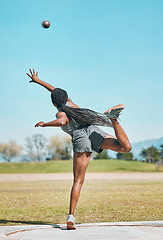 Image showing Shot put, woman and athlete throw in competition, challenge or training for field event with metal or steel weight. Throwing, ball or female in athletics sports, games or outdoor olympics tournament