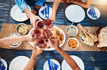 Image showing Toast, food or top of friends in restaurant to relax on holiday vacation at a party event together. Cheers, group celebration or hands of fun people eating at table for lunch, dinner or brunch meal