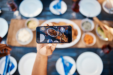 Image showing Phone photography, food and friends at a restaurant to relax on holiday vacation in summer together. Hands, social media post or influencer taking pictures or eating at table for lunch or brunch meal