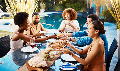 Image showing Friends, food table and eating outdoor for social gathering, happiness and holiday celebration. Diversity, men and women group at lunch, party or event with drinks in garden for fun and relax