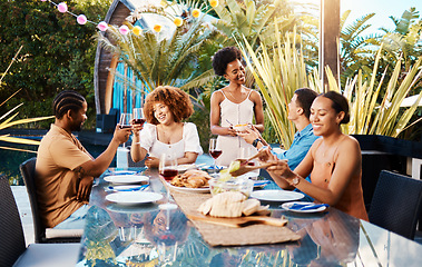 Image showing Friends, food and wine outdoor at a table for social gathering, happiness and holiday celebration. Diversity, men and women group at lunch, party or reunion with drinks in garden for toast and relax