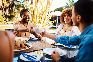 Image showing Friends sharing lunch, party in garden and happy event with diversity, food and wine bonding together. Outdoor dinner, men and women at table, group of people eating with drinks in backyard in summer