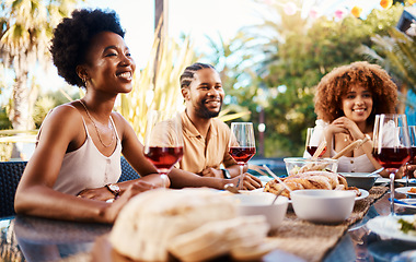 Image showing Friends at lunch, conversation in garden and happy event with diversity, food and wine, outdoor bonding together. Dinner party, men and women at table, people eating and talking in backyard in summer