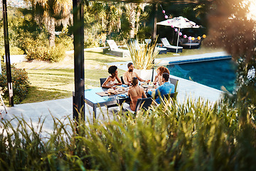 Image showing Group, friends or eating in outdoor restaurant to relax on holiday celebration or vacation in summer together. Party, hotel or happy people speaking to bond at table for lunch food or brunch meal