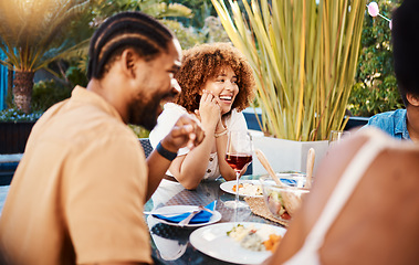 Image showing Funny, lunch and friends with food, smile and humor with conversation, party and celebration. Happy people, men and women with a meal, event and happiness with laughing, holiday and weekend break