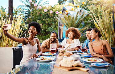 Image showing Friends in selfie at lunch, party in garden and happy event with diversity, food and wine, outdoor bonding together. Photography, men and women at dinner table, people eating with drinks in backyard.