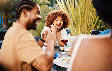 Image showing Talking, lunch and friends with food, smile and funny with conversation, party and celebration. Happy people, men and women with a meal, event and happiness with humor, discussion and weekend break