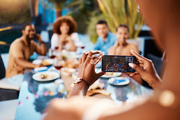 Image showing Phone photography, outdoor and friends in restaurant to relax on holiday vacation in summer together. Memory, social media or people eating or taking pictures at table for lunch, food or brunch meal