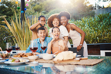 Image showing Selfie, group of friends at dinner in garden and happy event with diversity, food and wine at outdoor party. Photography, men and women at table, fun people with drinks in backyard at sunset together