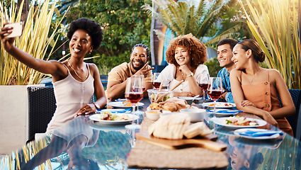 Image showing Selfie, group of friends at lunch in garden and party at table with diversity, food and wine together. Photography, men and women at dinner party table, happy people eating with drinks in backyard.