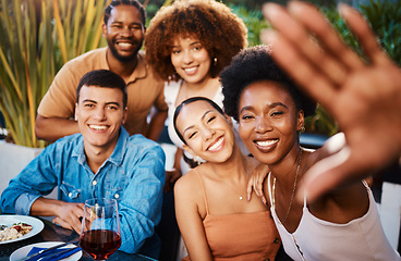 Image showing Smile, portrait and selfie of friends at restaurant, bonding and happy memory together. Face, group and profile picture at cafe in celebration of party, fine dining and eating food on social media