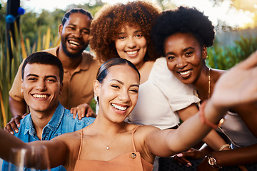 Image showing Smile, portrait and selfie of friends at cafe, bonding and happy memory at sunset. Face, group and profile picture at restaurant, influencer and fun photography at party celebration on social media