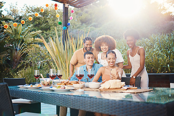 Image showing Selfie, group of friends at dinner in garden and happy event with diversity, food and wine at outdoor party. Photography, men and women at table, fun people with drinks in backyard at sunset together