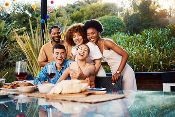 Image showing Group selfie, lunch and friends excited for happy memory photo of brunch party, outdoor reunion or food on patio. Happiness, photography and young people post event picture picture to social media