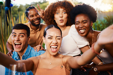 Image showing Portrait, funny and selfie of friends at restaurant, bonding and happy memory together. Face smile, group and profile picture at cafe with wink, peace sign and tongue out for laughing on social media